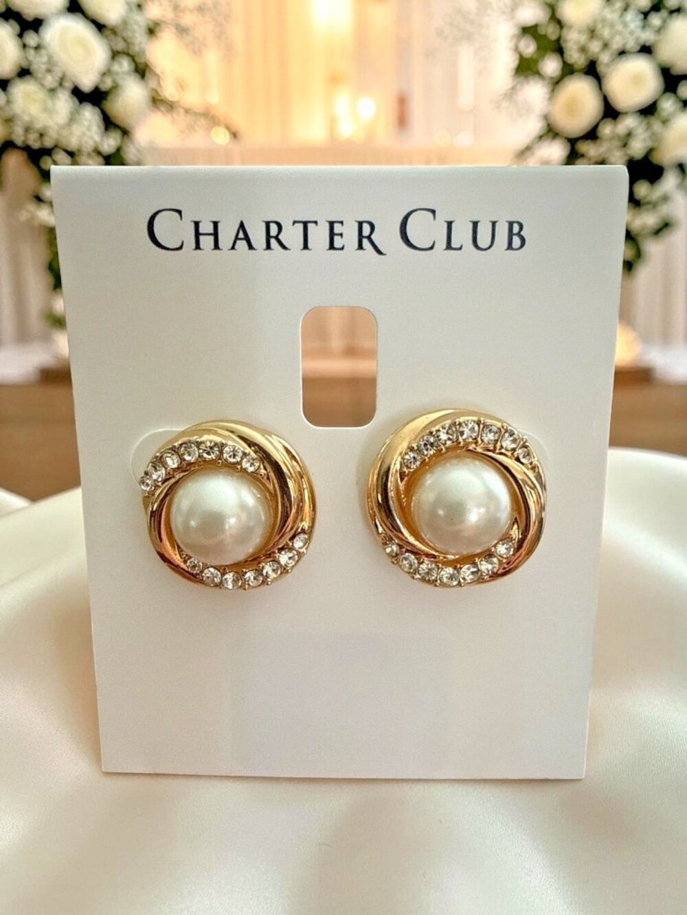 Charter Club 3/4" Gold Tone/Faux Pearl/Rhinestone Post Back Earrings-NWT